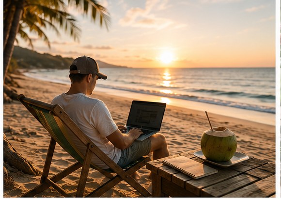 Person working remotely beside the sea