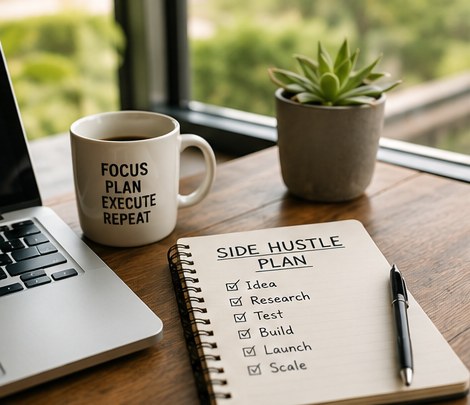 Side hustle plan and testing notes on a desk